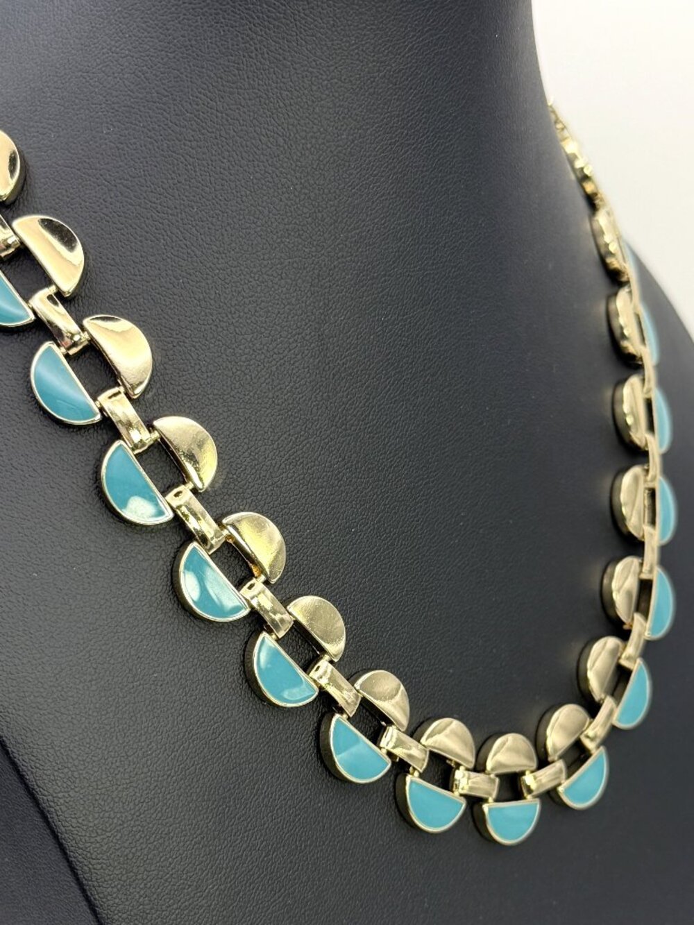 Teal Blue Enamel Necklace Geometric Link Gold Tone Adjustable 18”